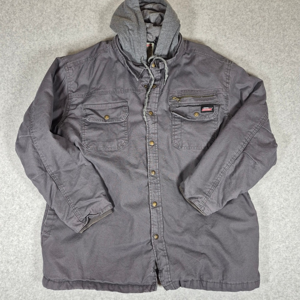 Genuine Dickies Hooded Canvas Work Jacket Mens 2XL Gray Quilted Lined RN123187